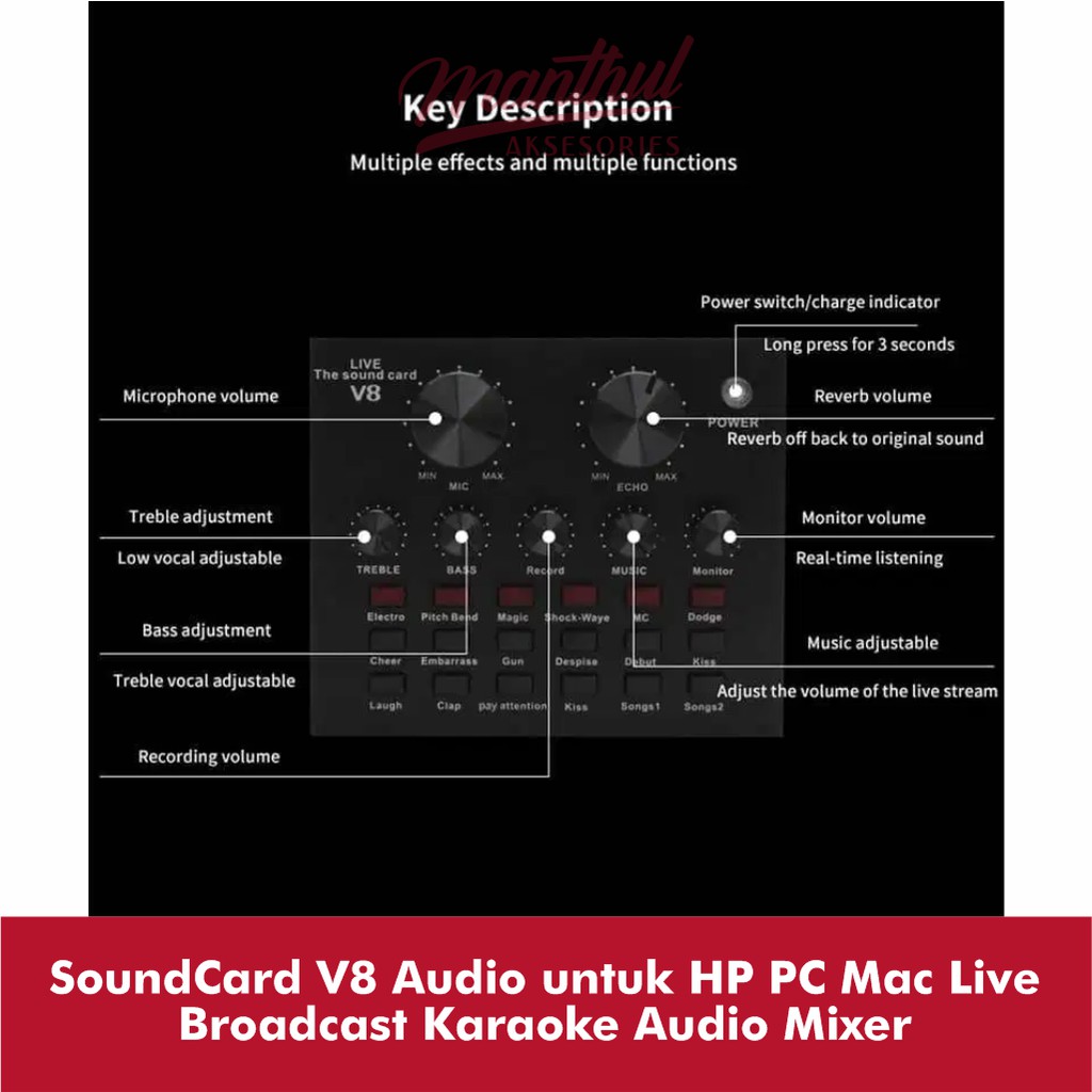 SoundCard V8 Audio untuk HP PC Mac Live Broadcast Karaoke Audio Mixer