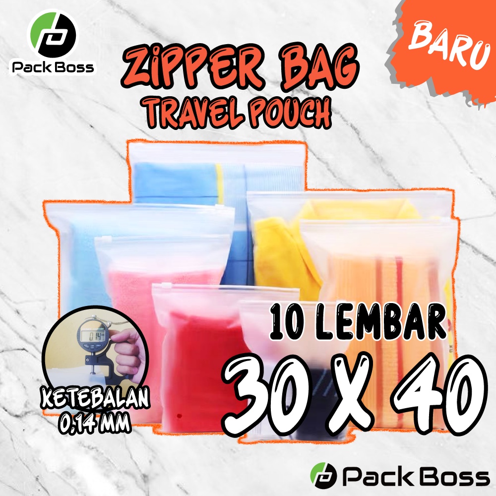 KANTONG ZIPPER BAG TRAVEL POUCH 30x40 PLASTIK TRANSPARAN DOFF ADA RESLETING 10 LEMBAR