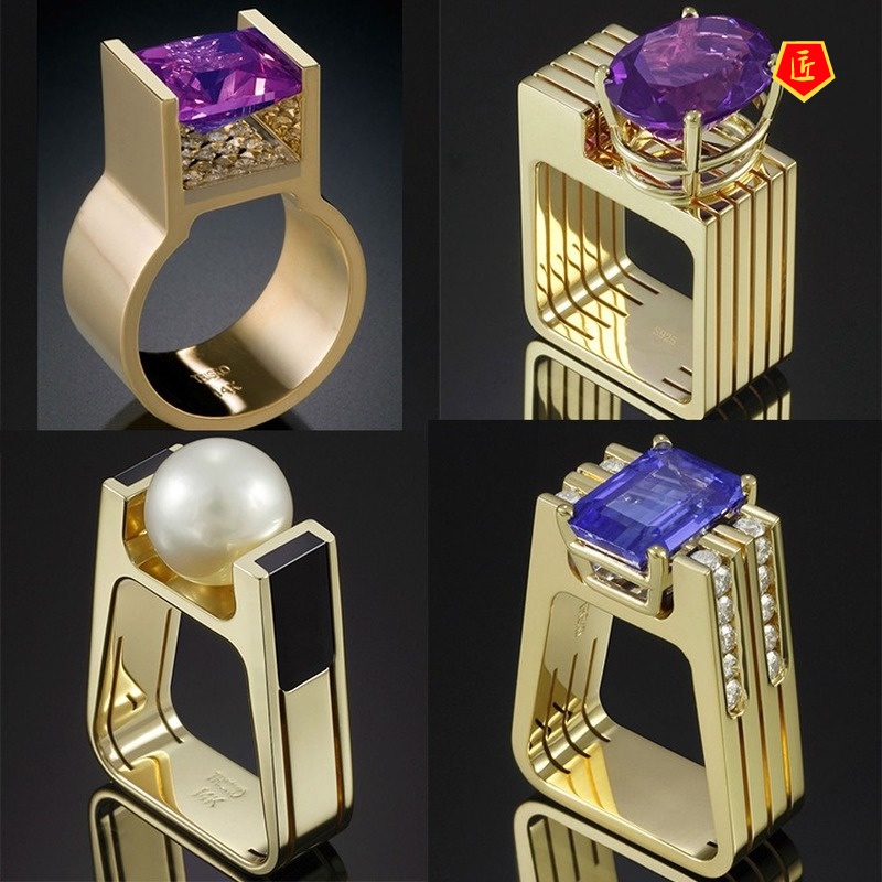 [Ready Stock]Creative Gold Inlaid Colored Gems Geometric Shape Ring for Women