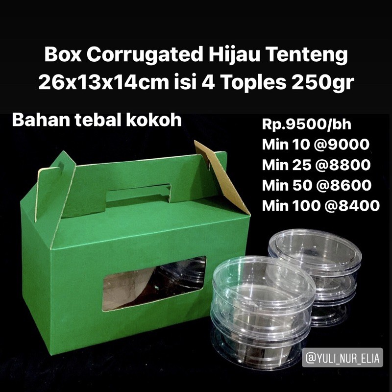 

Box Corrugated Hijau Tenteng 26x13x14cm isi 4 Toples 250gram dan Marmer Cake