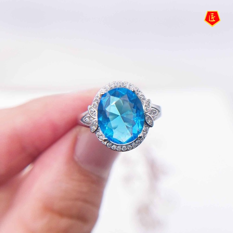 [Ready Stock]Simple Personality Pt950 Inlaid Topaz Blue Colored Gems Ring