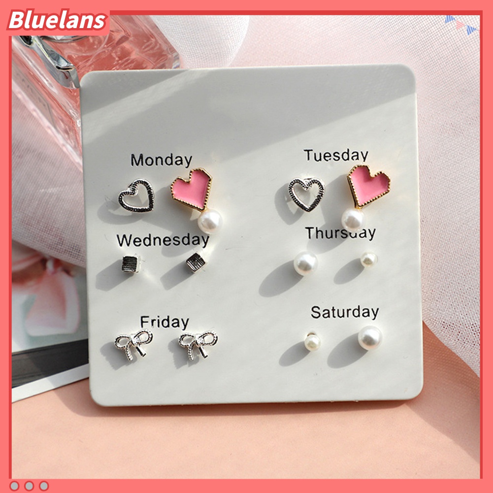 Set 6 Pasang Anting Stud Bentuk Hati Bulu Snowflake Lingkaran Untuk Wanita