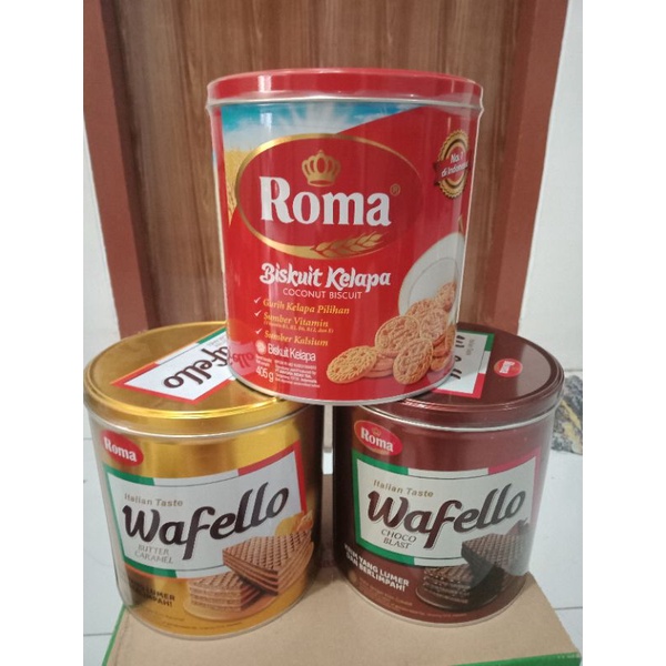 Ready stok Gery wafer roll kaleng 350 gr dan ROMA WAFELLO WAFELO COKLAT BUTTER CARAMEL ROMA KELAPA exp 2024. gerry coklat.