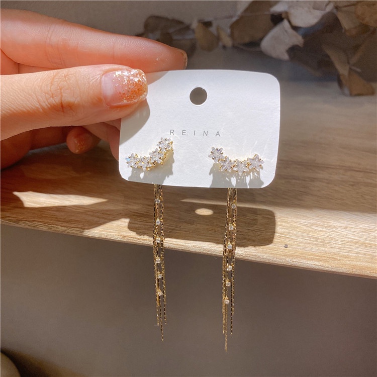 Anting Tusuk Gantung Panjang Sterling Silver 925 Desain Bintang Hias Berlian Gaya Elegan / Mewah Untuk Wanita