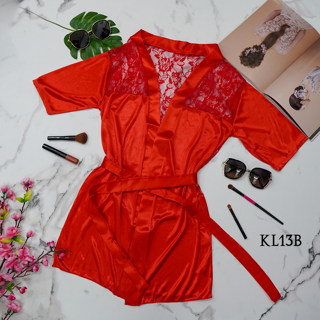 [BISA COD] PIYAMA WANITA BAJU TIDUR KIMONO WANITA SATIN LACE MERAH KL13B