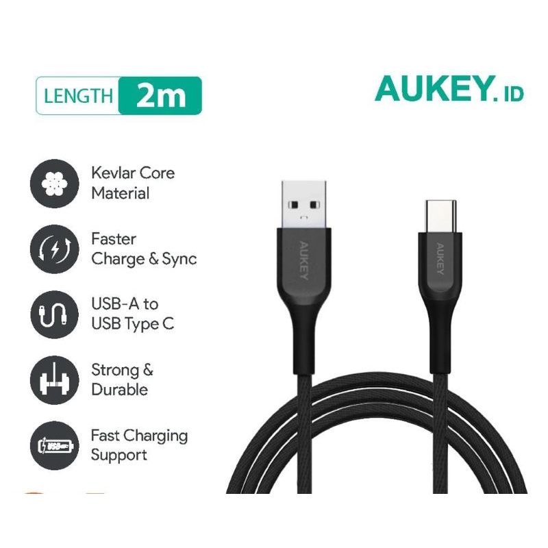 Aukey Cable Data CB-AKC2 USB A To USB C QC 2.0 Kevlar Cable 2M Black