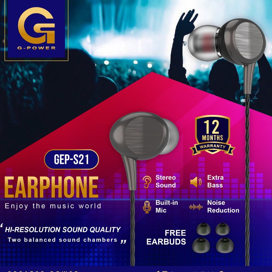 GPOWER EARPHONE HEADSET HANDSFREE GEP S21 GARANSI RESMI 1TAHUN IN EAR EARBUDS