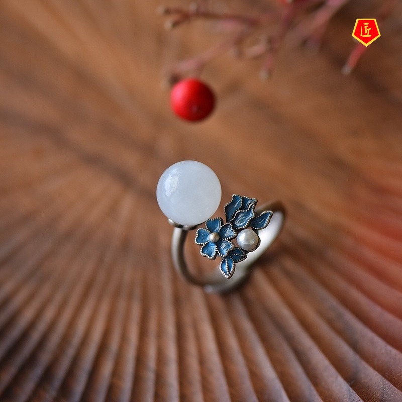 [Ready Stock]Vintage Natural Hetian Jade Earrings Flower Necklace Set