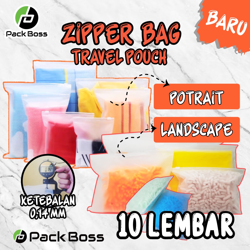 

KANTONG ZIPPER BAG TRAVEL POUCH POTRAIT & LANDSCAPE PLASTIK TRANSPARAN DOFF ADA RESLETING 10 LEMBAR