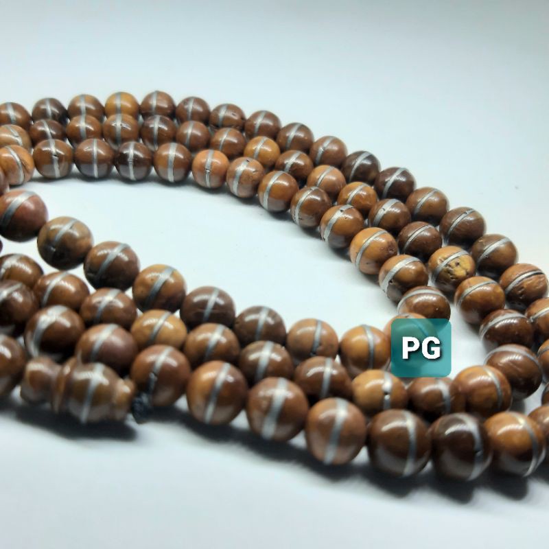 Tasbih Kaoka Coklat Hias Logam Putih Asli 100butir 8mm