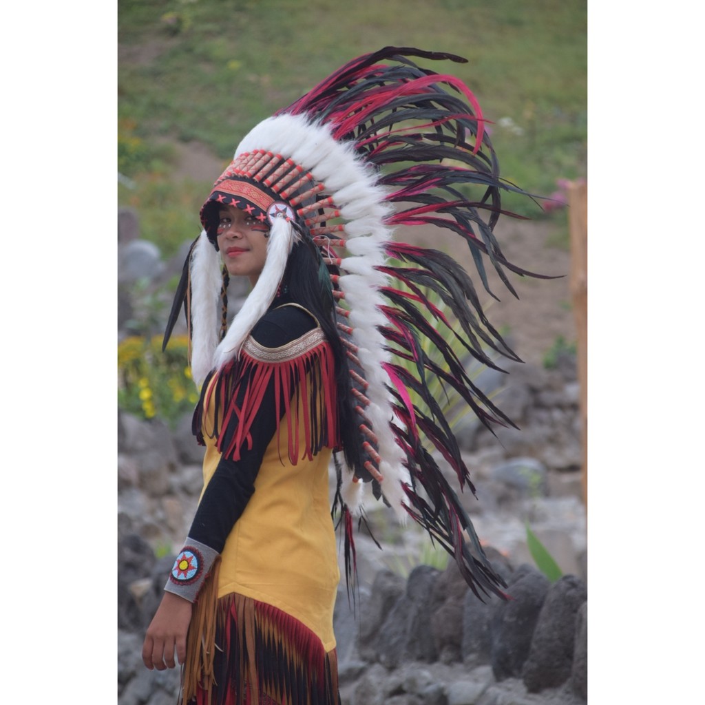 TOPI INDIAN - INDIAN HEADDRESS MEDIUM AYAM BILABONG MERAH FUR PUTIH