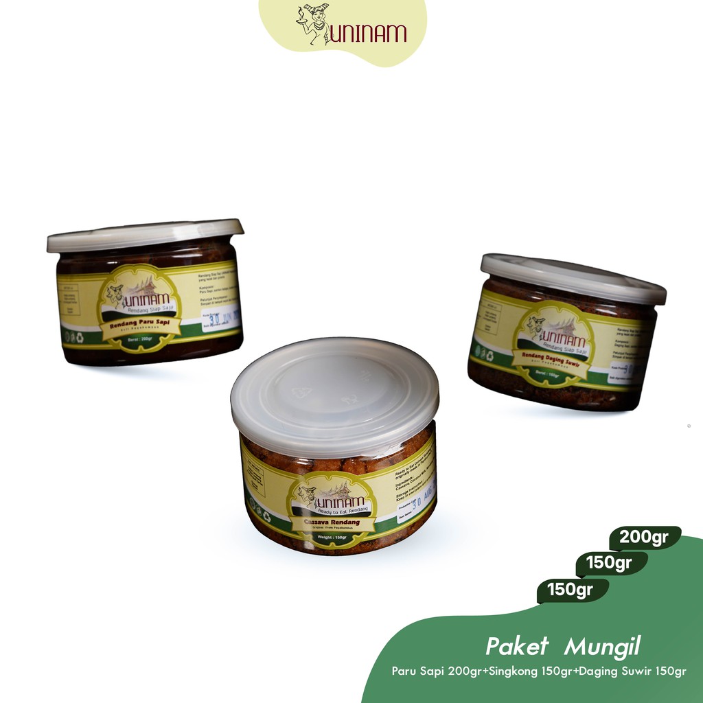 

UniNam Bundling Paket Mungil (Rendang Paru Sapi 200gr + Daging Suwir 150gr + Singkong 150gr) Lauk Siap Saji Praktis Tanpa Pengawet dan MSG Resep Asli Padang Payakumbuh