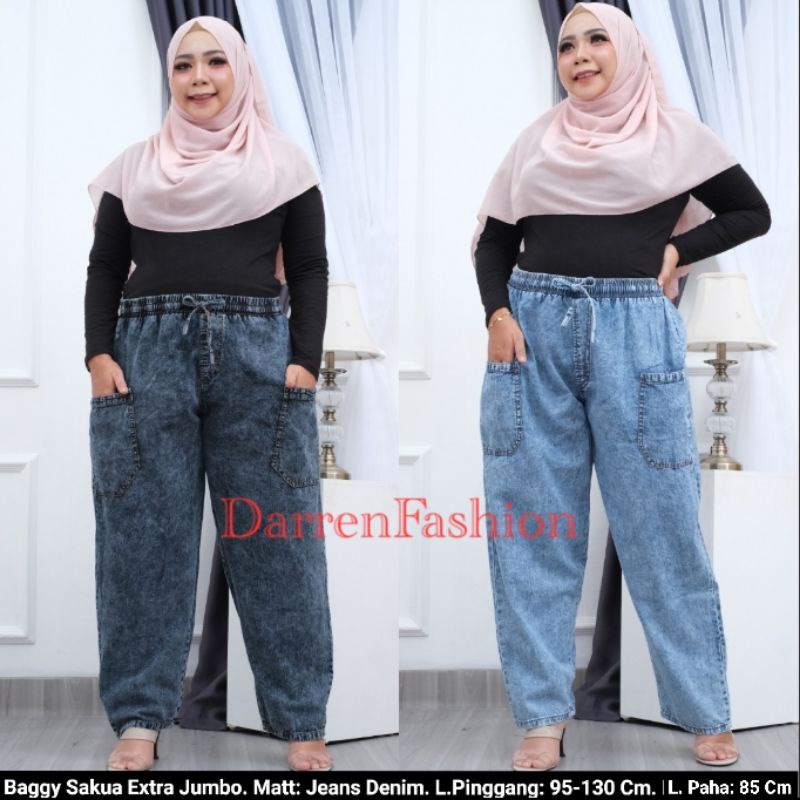 Baggy Pants Sakua Extra Jumbo.  Celana Panjang Jeans Denim Big Size Jumbo. Celana Boyfriend Jumbo