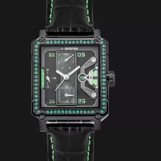 Jam Tangan Expedition E 6695 Ladies Leather Black Green Original