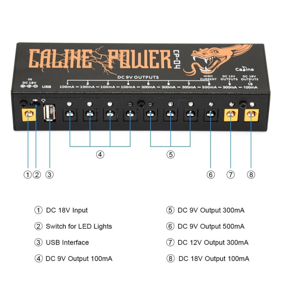 Caline Power Supply Pedal Efek Gitar Multi Channel 10 Output - CP-04 - Black