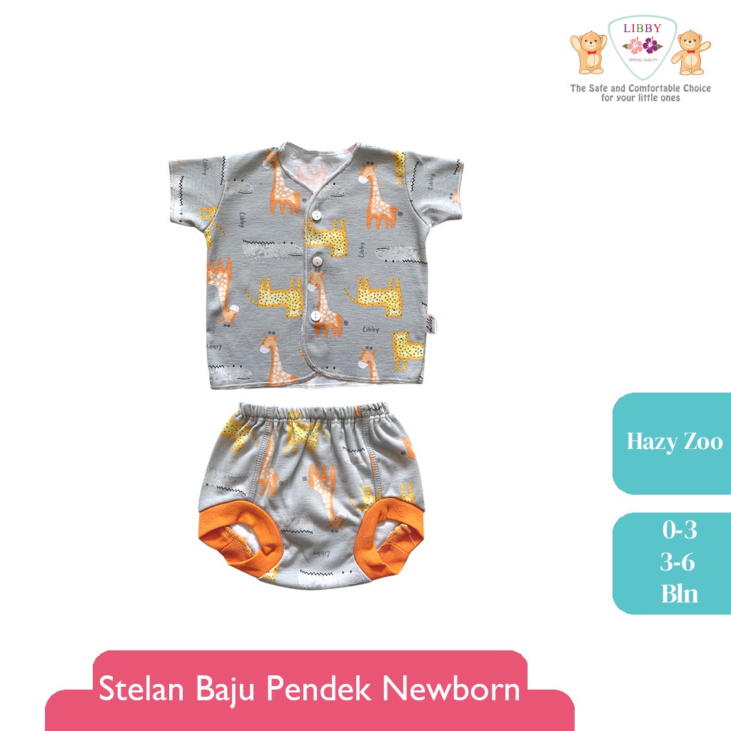 Baju Bayi Setelan Pendek Celana Pop LIBBY Newborn 0-6 Bulan Motif Hazy Zoo (1stel)