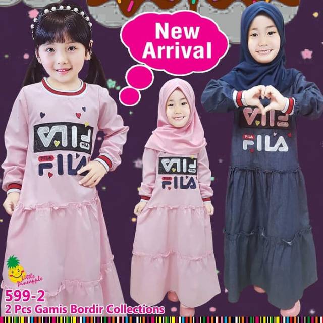 Baju Muslim Gamis Kaos Anak Perempuan Little Pineapple Fila Pink Biru