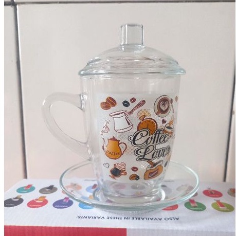 Gelas Mug 1 set tatakan dan penutup kaca/Gelas Kaca tebal/ Gelas minum