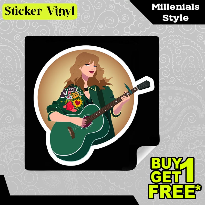 

Stiker Sticker Taylor Swift with Green Guitar Musisi Solo Internasional Aesthetic Bahan Vinyl Satuan Anti Air