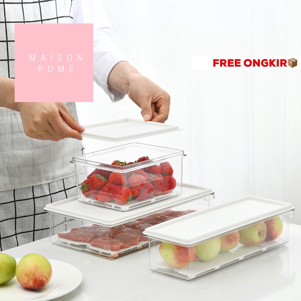 KAI Kotak Penyimpanan Makanan Organizer Food Storage Kulkas Freezer Sayur Buah Daging Dengan Saringan Strainer Drainer