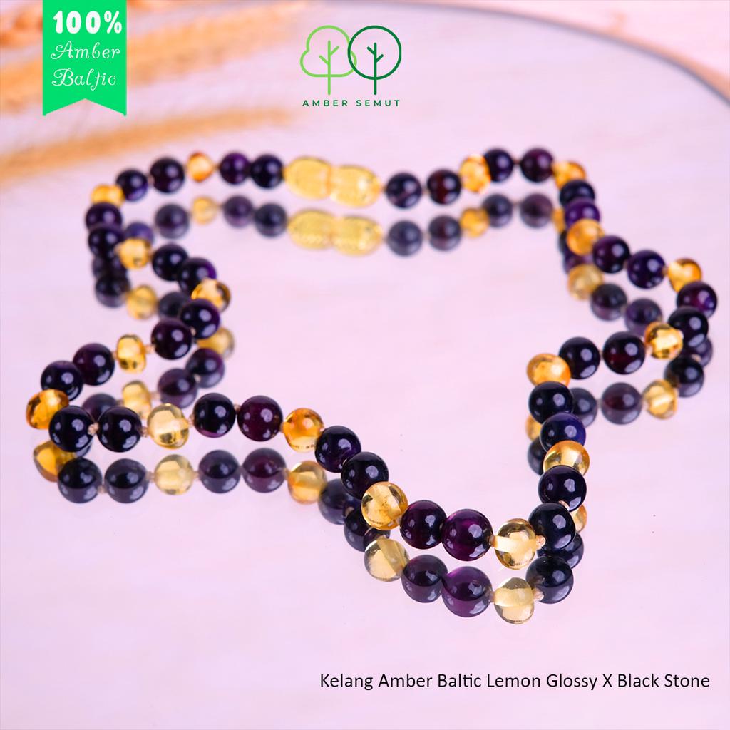 PROMO FREE GELANG - Kalung Amber Baltic Lemon Glossy X Black Stone by AMBER SEMUT