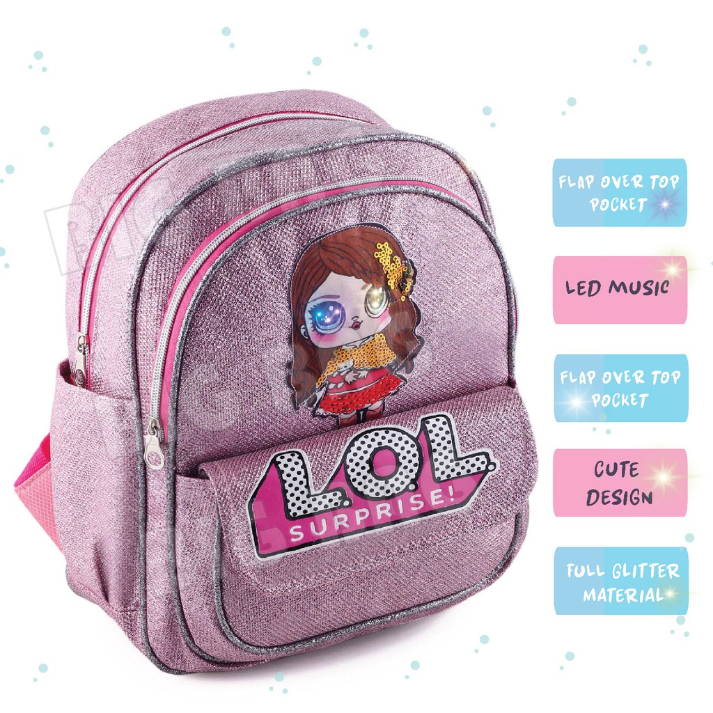 PTS - Ransel Glitter LED - FLAP OVER TOP Tas Sequin Ransel Sekolah Anak Tas Sekolah Anak Tas MUSIK LAMPU