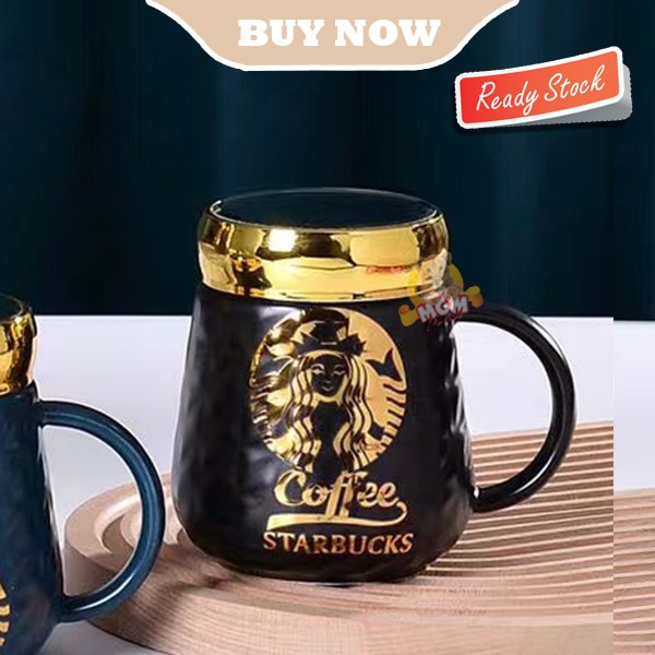Gelas Starbucks Keramik Mug Starbucks GOLD dengan Tutup Kaca
