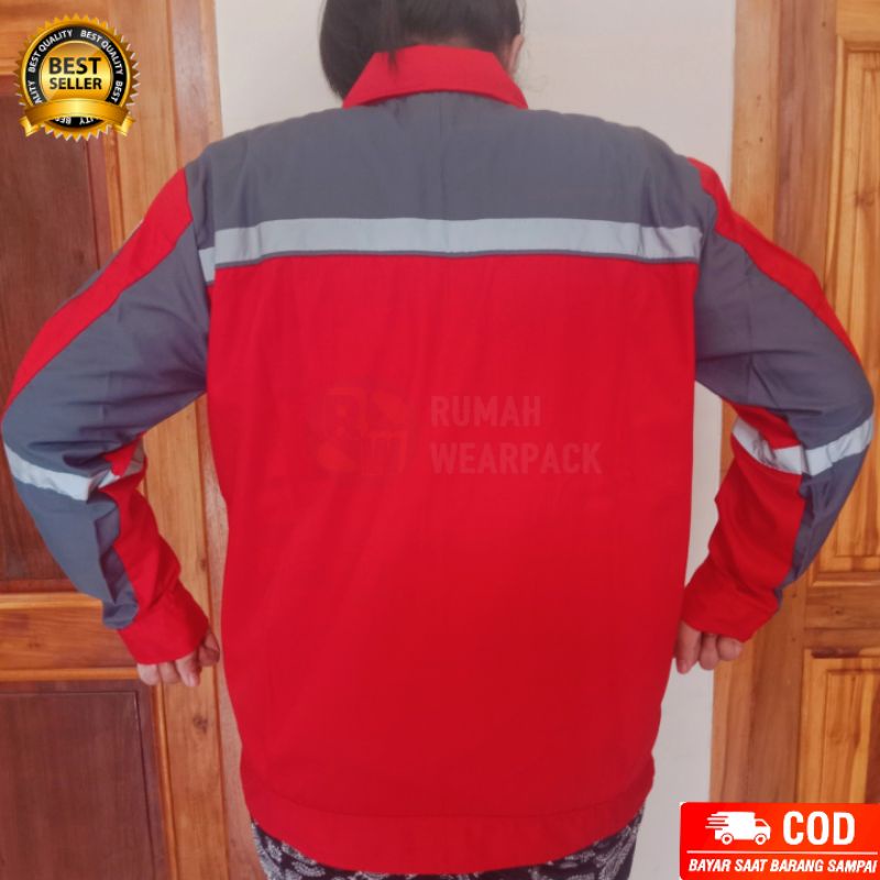 Baju Kerja/ Wearpack Proyek/ Kemeja Kerja Lengan Panjang Atasan Merah Kombinasi Abu Tua