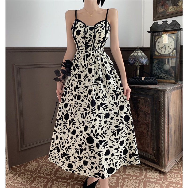 Gaun selempang retro musim panas wanita floral tanpa lengan dress A-line yang elegan