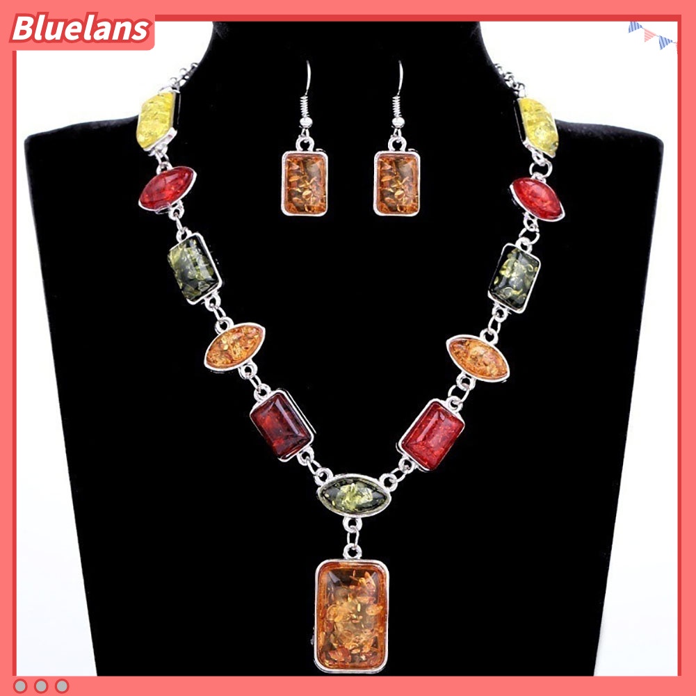 Bluelans Square Oval Amber African Style Women Necklace Hook Earrings Party Jewelry Set