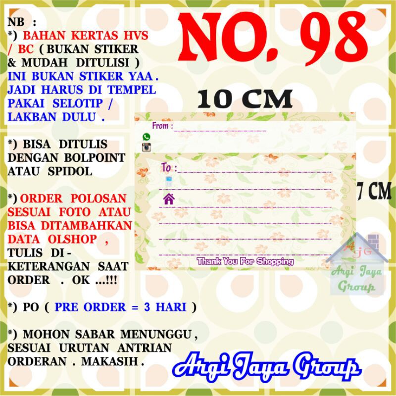 

Label Pengiriman Alamat Olshop Murah Nomer 98 - 10x7cm - Kertas BC (Manila)