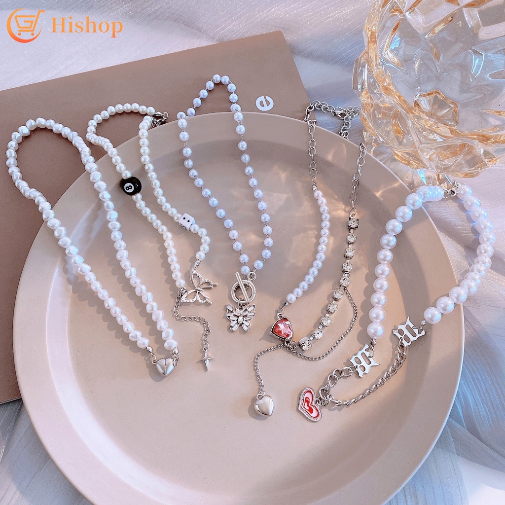 Kalung Choker Rantai Desain Hati Butterfly Aksen Mutiara Untuk Wanita