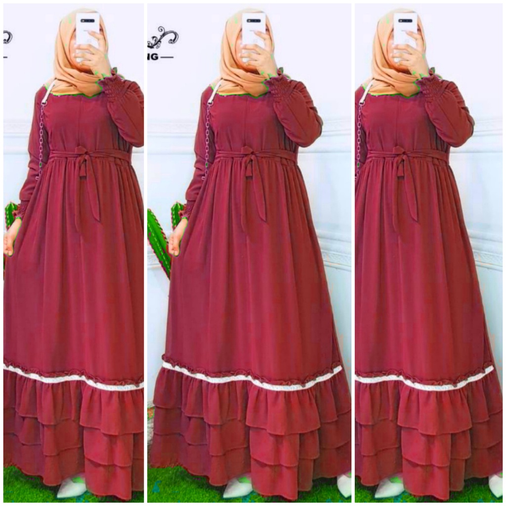 amelia maxi ceruty bebydoll renda susun /gamis syarii ceruty bebydoll motif/ gamis  fashion muslim terbaru