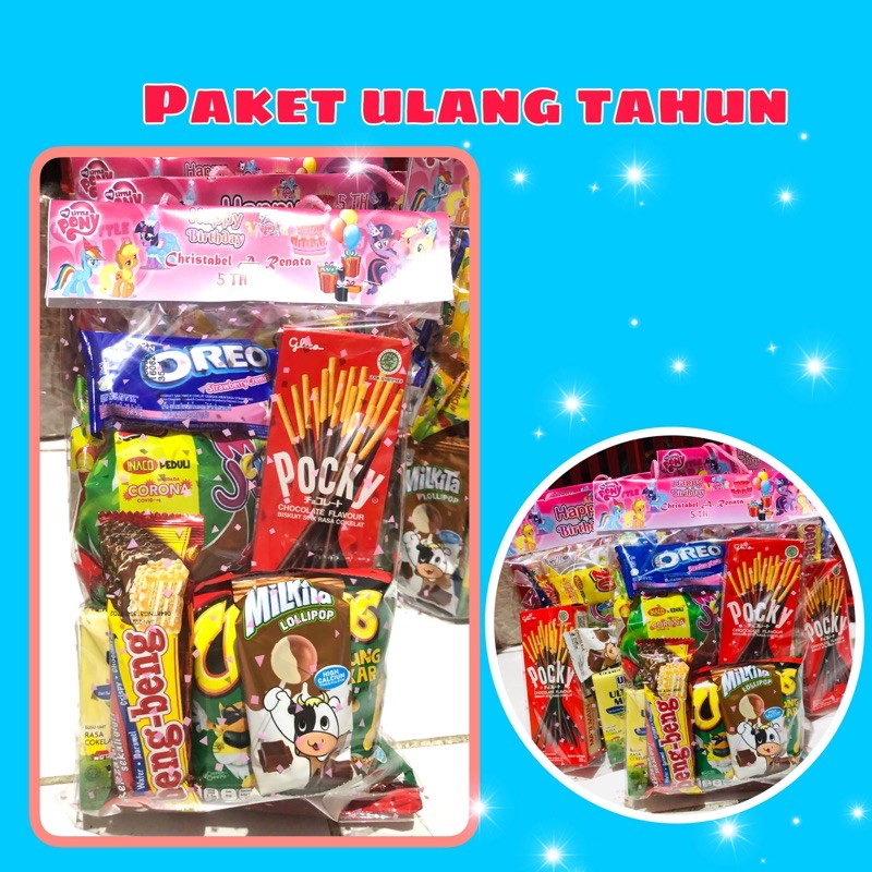 

Souvenir bingkisan ultah snack ultah /bingkisan event /plus pocky label nama anak