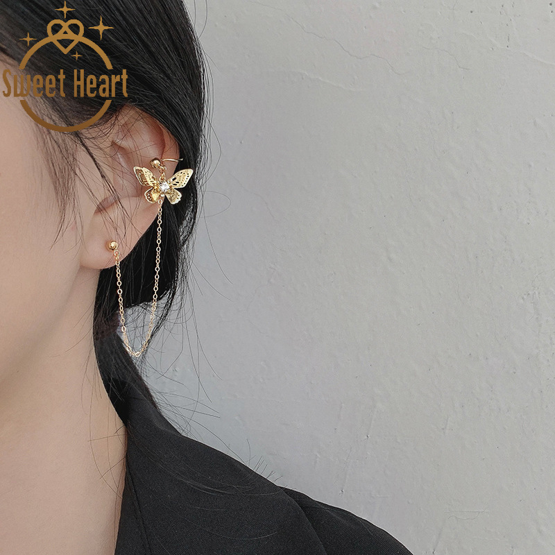 1pc Anting Rantai Klip Bentuk Kupu-Kupu Bahan S925 Silver Needle Gaya Korea Untuk Wanita