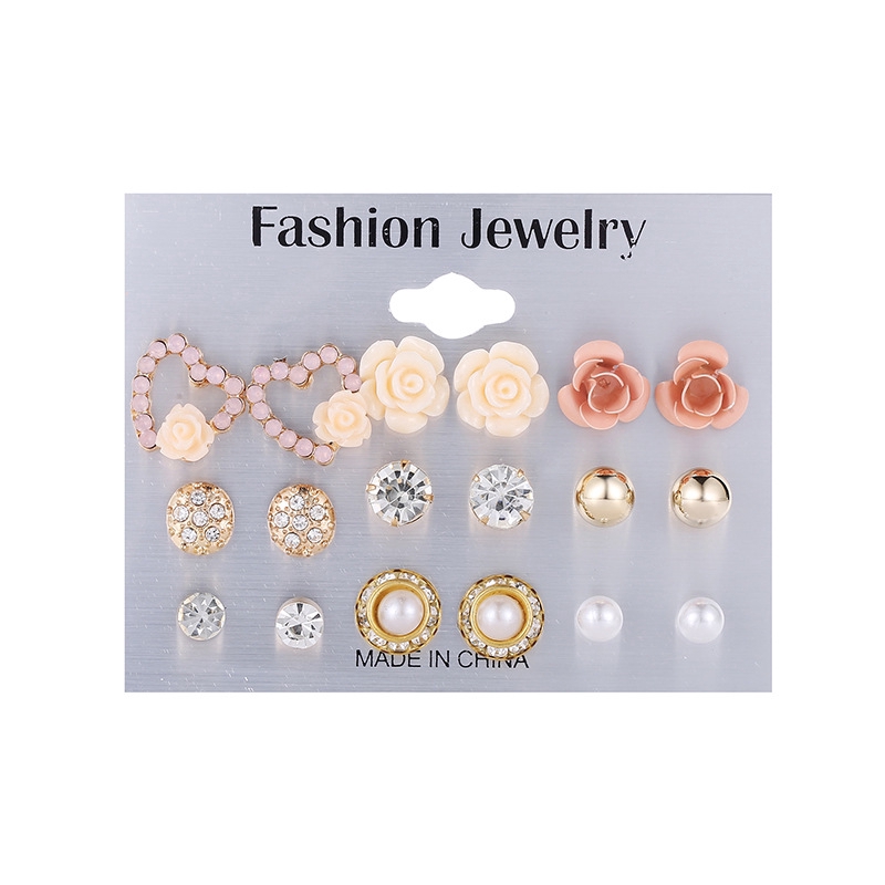 9pasang/set Gadis Mawar Hati Anting Perhiasan Elegan Wanita Fashion Mutiara Bunga Kristal Studs