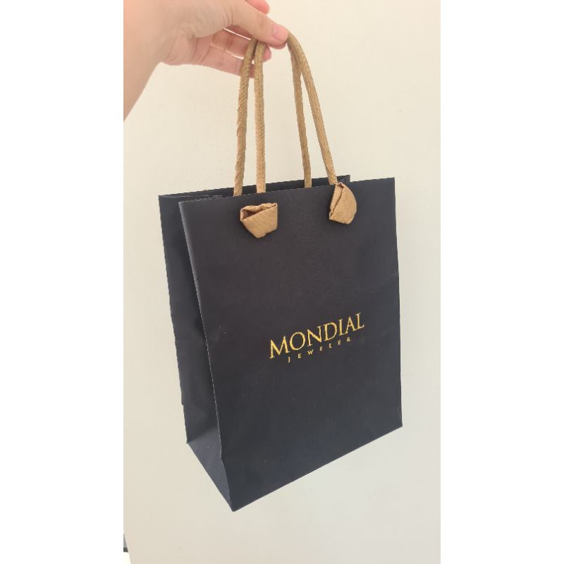 

Paper Bag Tebal Lapis Kain + Tali Emas Satin -- Kantong Mewah Mondial Jeweler