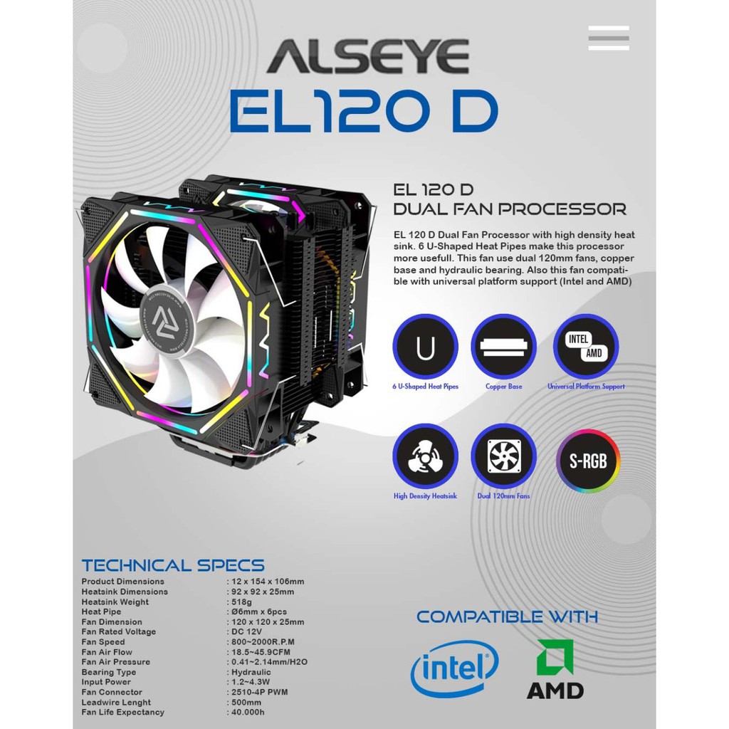 Kipas Heatsink Dual Fan Processor ALSEYE EL120D TOWER CPU COOLER RGB With 6 Heatpipe