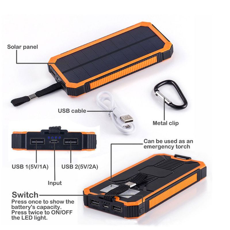 Solar Power Bank 2 USB Port 20000 mAh Waterproof