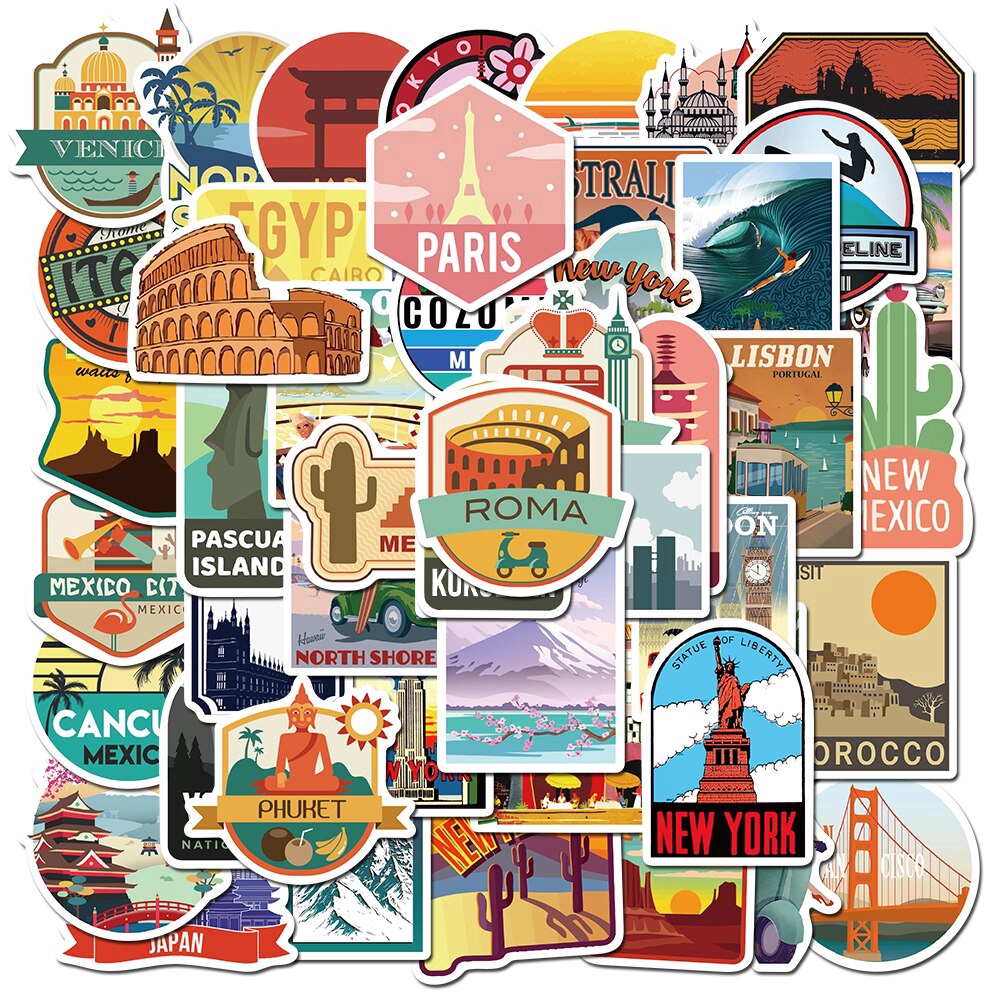 50pcs Pack Cities Travel Landscape Stickers For Skateboard Guitar Motorcycle Laptop Waterproof Sticker Toy Decals