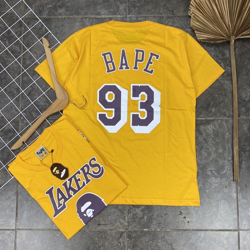 KAOS T SHIRT TEE A BATHING APE BAPE X LAKERS 93 LOGO FONT BASIC PRINTED KUNING PREMIUM AUTHENTIC