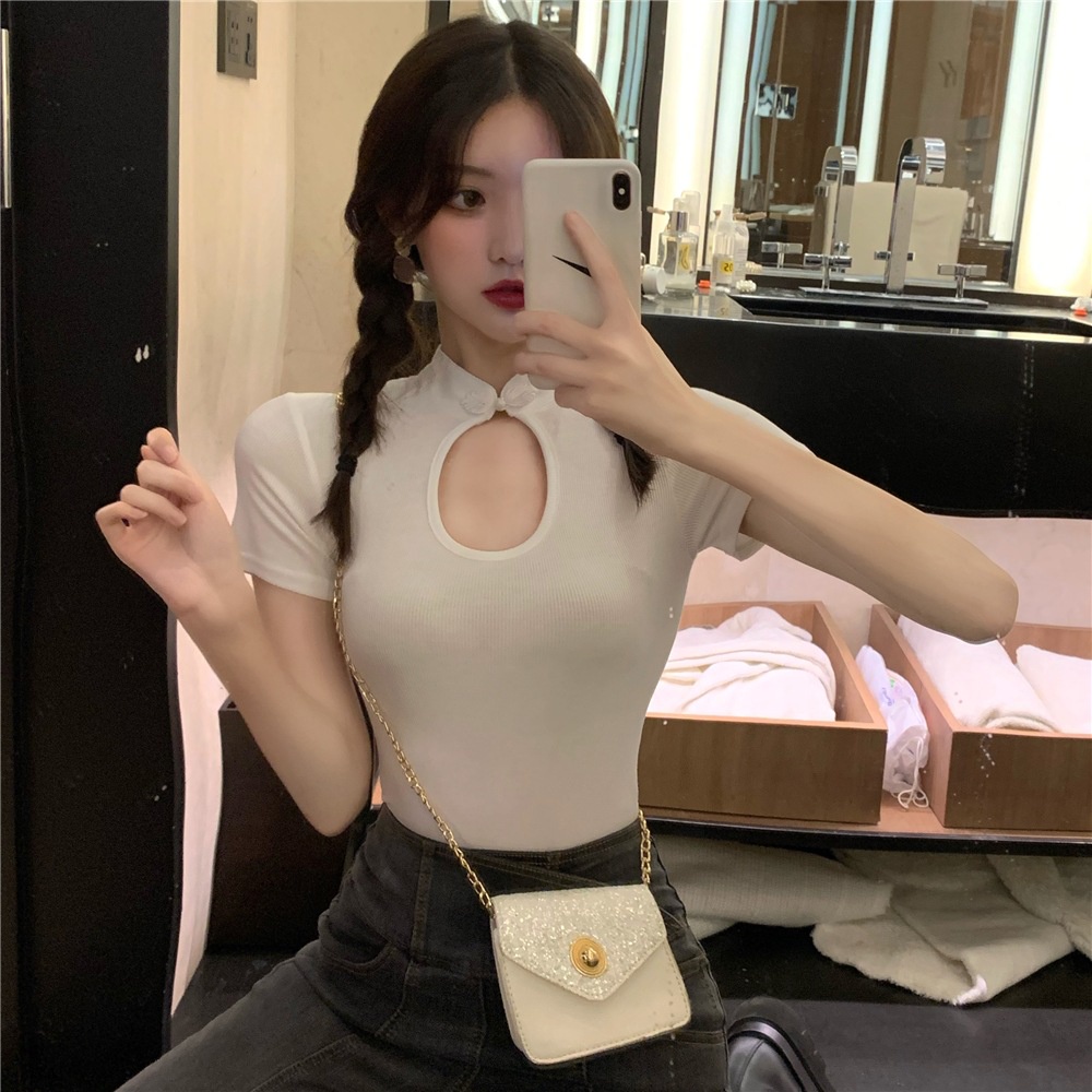 #Sisjuly#  Hollow-Out Berdiri Kerah Rajutan Lengan PendekTT-shirt Wanita2022Musim Panas BaruinsSuper Hot Pendek