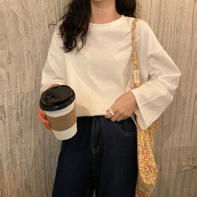 MOOGU ♡ Kaos lengan panjang longgar warna solid atasan wanita tshirt t-shirt top