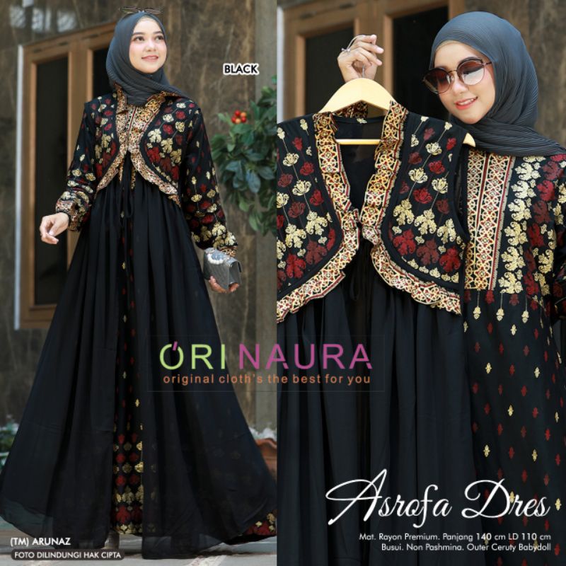 Gamis muslimah asrofa maxy set outer ori by Naura bahan rayon tebel