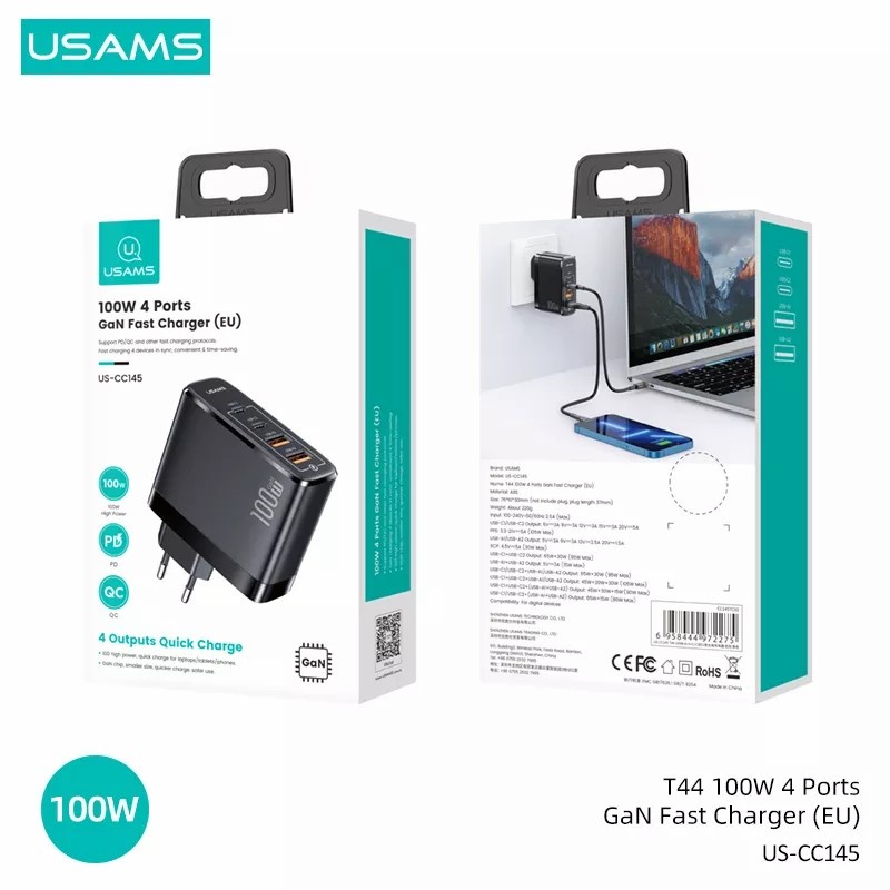 USAMS CHARGER 100W GAN 4 PORT CHARGER LAPTOP HP MACBOOK QUICK CHARGER PD 3.0 / PPS/SCP/FCP/AFC/APPLE2.4