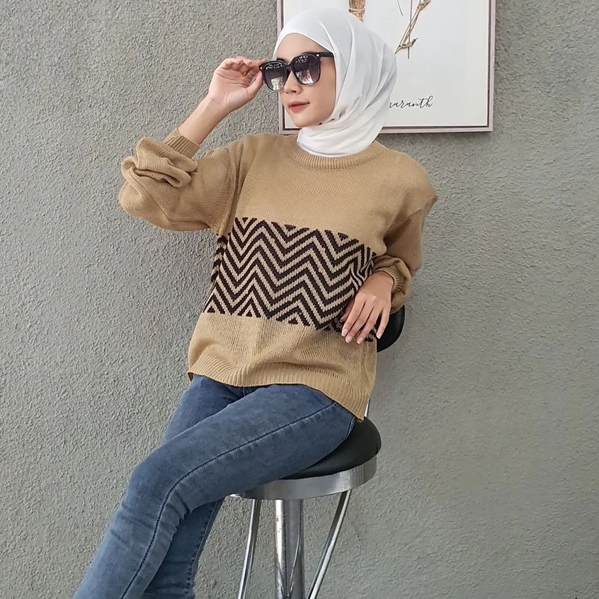 Outwear Rajut Little blousee Pakaian Wanita Motif Zigzag