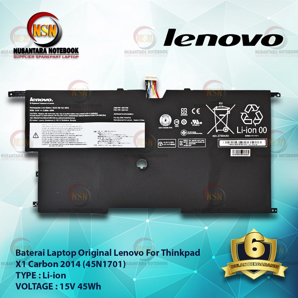 Baterai Original Laptop Lenovo THINKPAD X1 Carbon 2014/45N1701