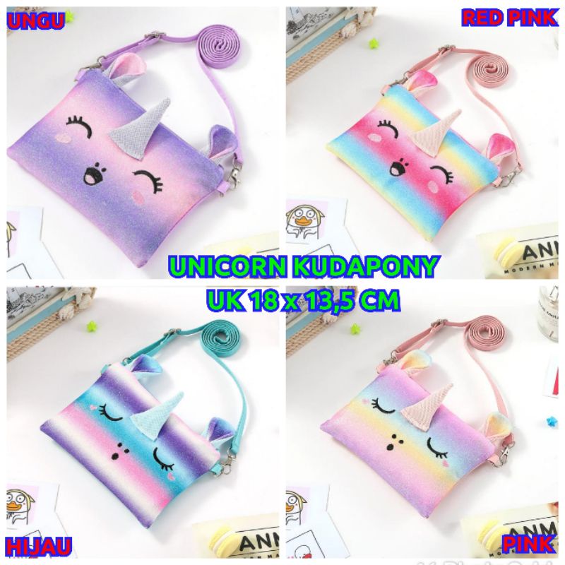 tas selempang unicorn kudapony glitter import UK 18 x 13,5 cm anak perempuan TK SD