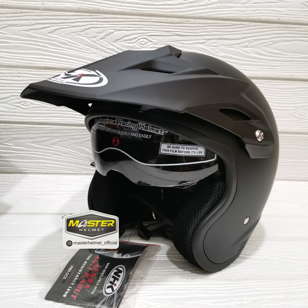 Helm NHK Supermoto Solid Black Doff Helm Semi Cross Kacamata