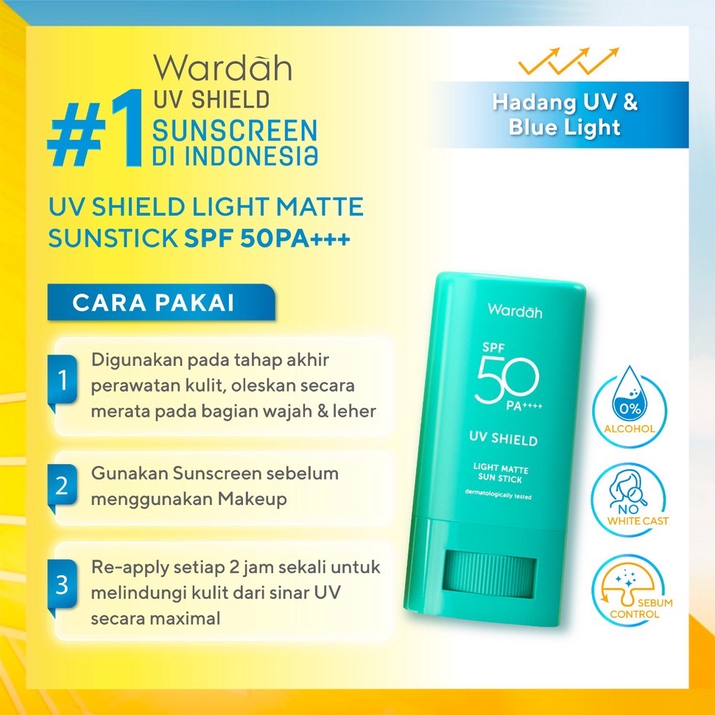 WARDAH UV Shield Light Matte Sun Stick SPF 50 PA++++ Indonesia / Sunblock Wajah 22g / Sunscreen Care Sunblock Tabir Surya UVA UVB Blue Light Protection Protector Protect Pelindung Sinar Matahari Kulit Tubuh / Gel Serum Cream Lotion / Skincare Face Series